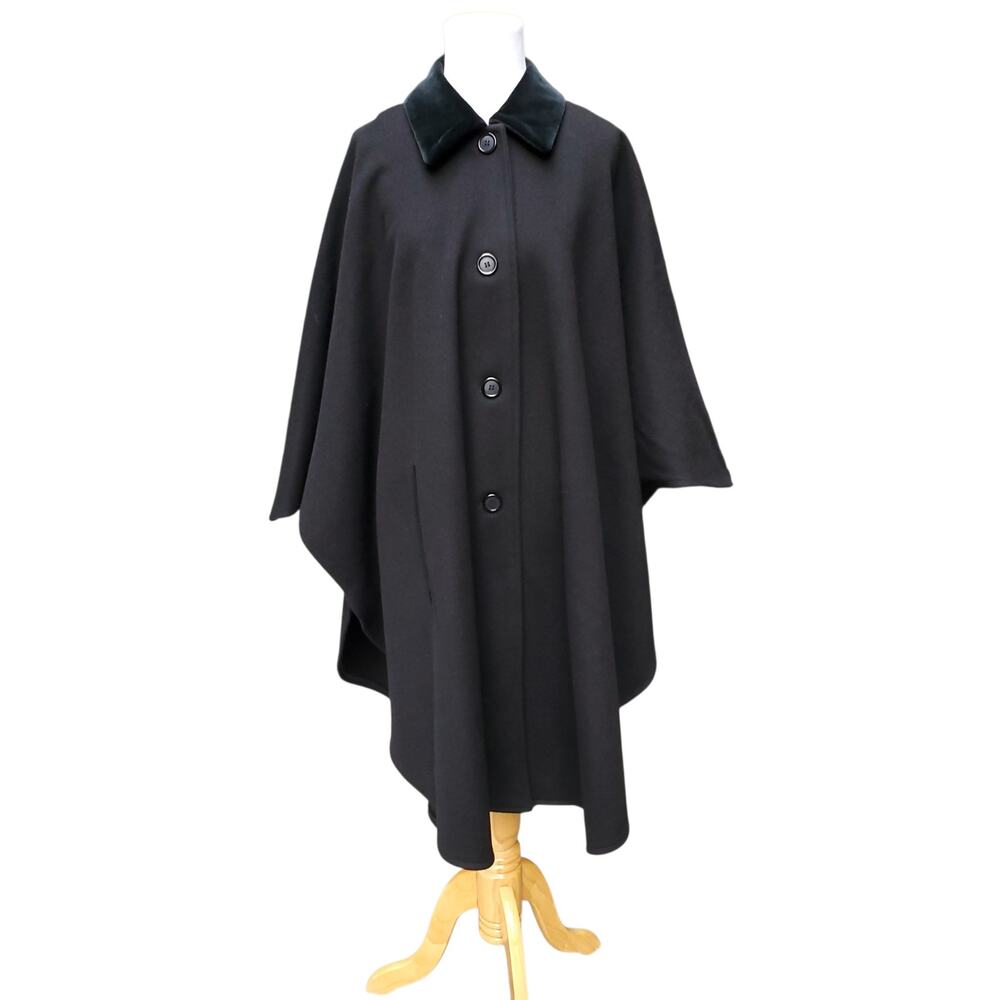 John Caruana Black Wool Cape Whimsigoth Witchy Statement Poncho Velvet Trim Sz M
